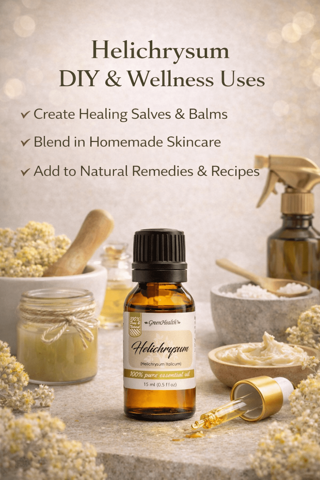 GreenHealth Helichrysum Essential Oil 15 ml (0.5 fl oz) – 100% Pure Immortelle Oil, Amber Glass Bottle w/ Euro Dropper – for Aromatherapy, Skincare, DIY Beauty & Massage Oils