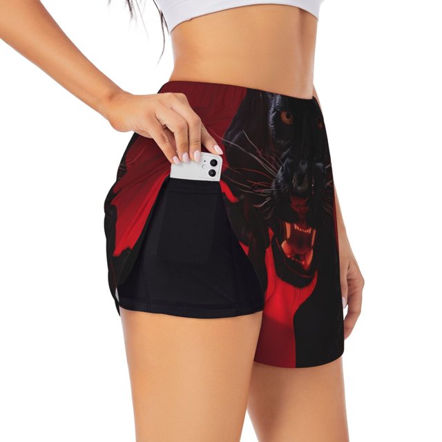 Balery Black Panther Red Background Pantalones cortos deportivos para mujer con forro y dos bolsillos, elásticos, para entrenamiento, gimnasio, yoga-Small