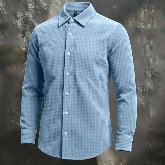 Fnnxeal Mens Button Down Shirt, Casual Long Sleeve Collared Waffle Long Sleeve Sky Blue Button Up Shirt for Men Size L