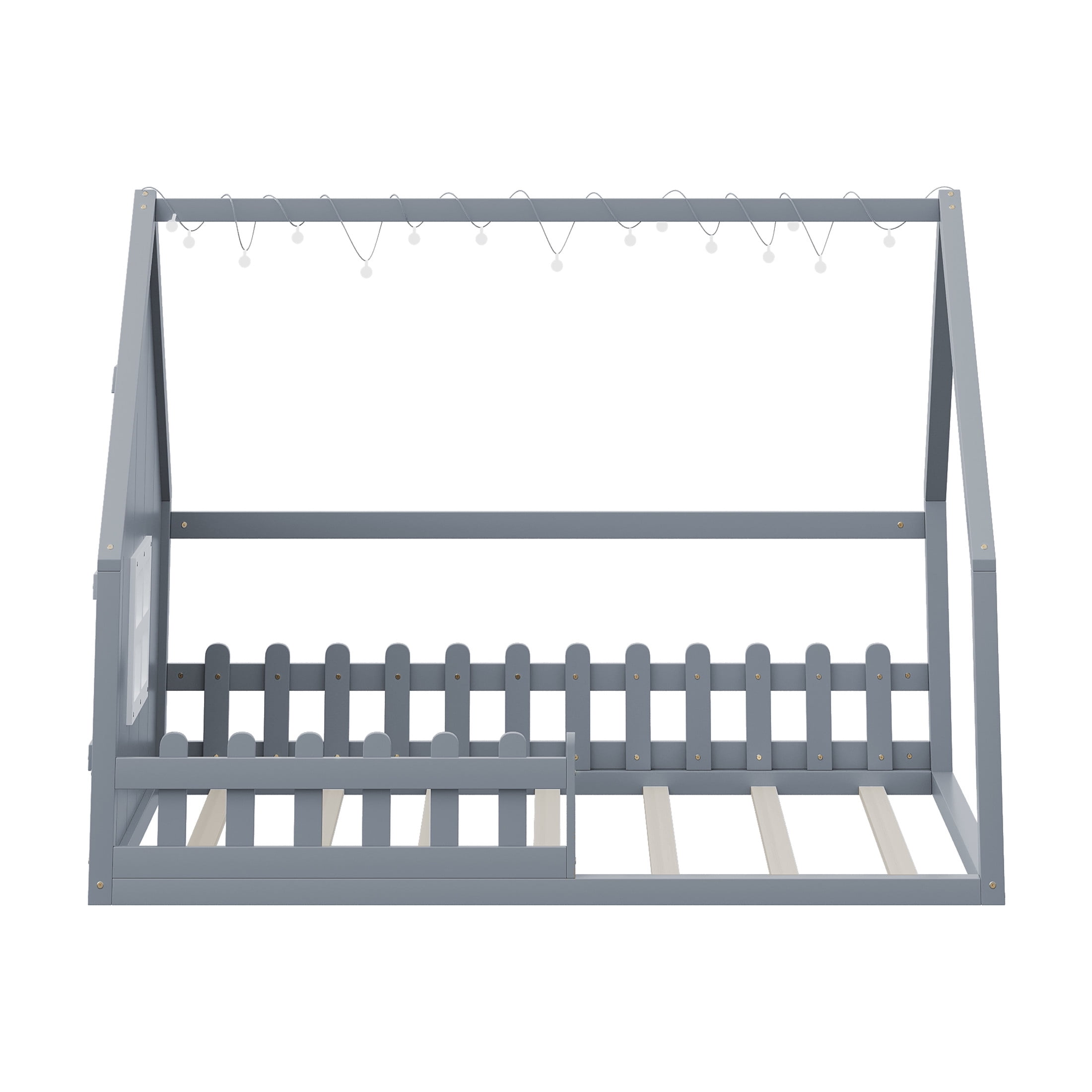 Noble House Full Size Wood House Bed with Window and Fence Guardrails, Safety Design for Kids, Gray