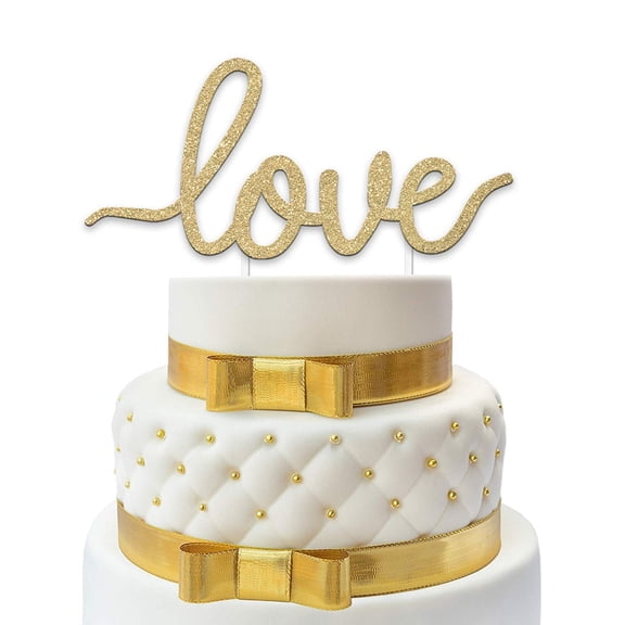 Love Wedding Cake Topper - Premium Gold Glitter - Best Cake Decoration for Weddings, Anniversaries, Valentine, Engagement Parties, Mother’s Day & more - Exclusive Design by Merry Expressions