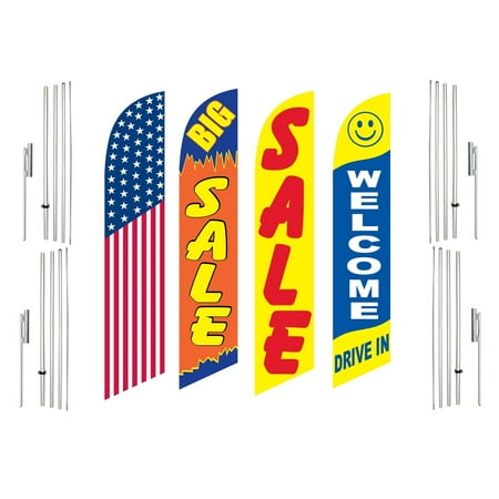 4 Swooper Flags With 4 Pole Kits America Big Sale Welcome Drive In Sale
