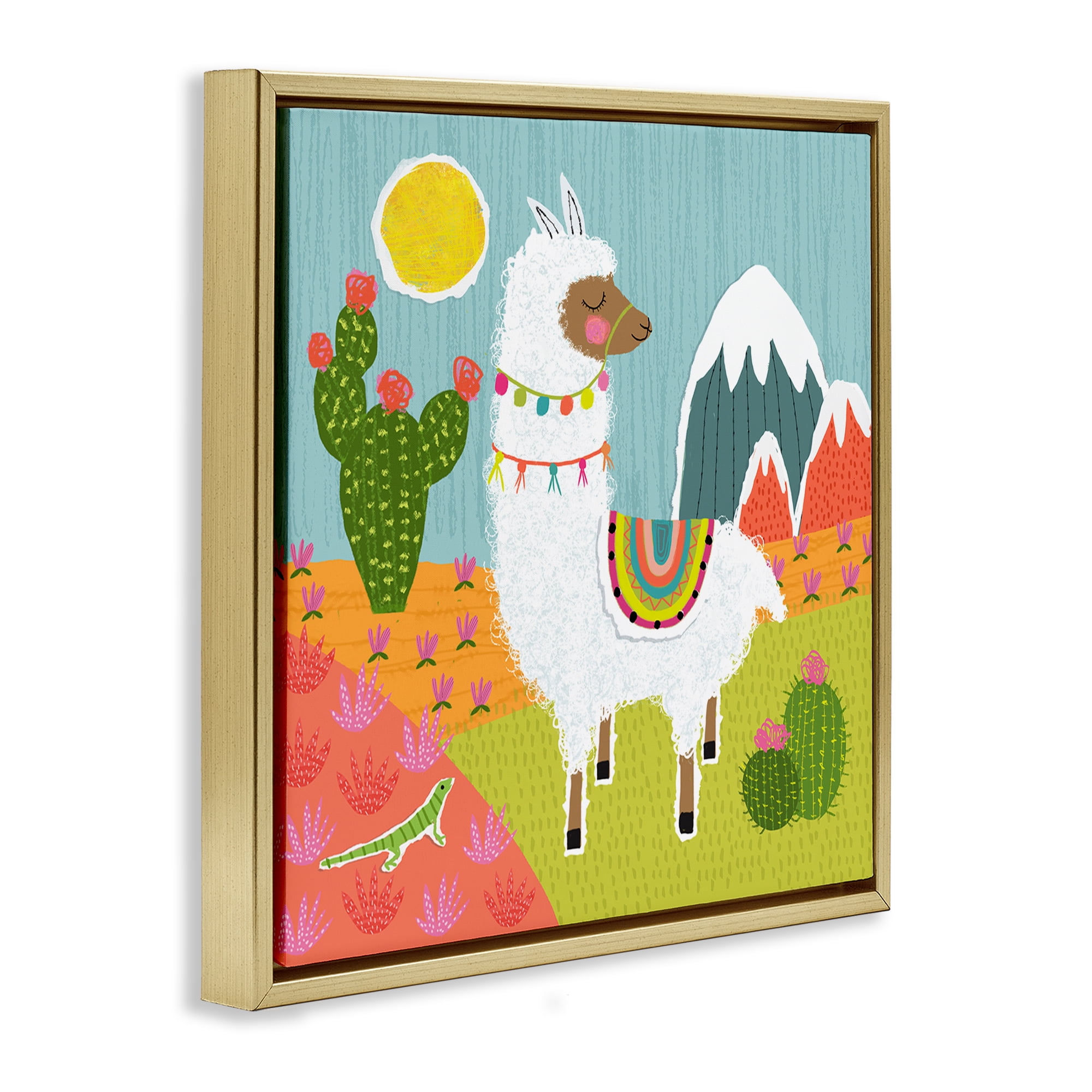 Stupell Industries Whimsical Llama Scene Animals Painting Gold Floater Framed Canvas Art Print Wall Art, 18 x 18