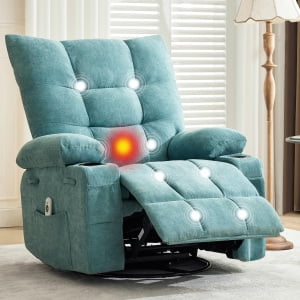Swivel Rocker Recliner Chair with Heat and Massage&Adjustable Footrest for Elderly Adults,360° Swivel Rocking Sofa with Handrail and Backrest &Cup Holders Overstuffed Cushion for Back Pain Relief
