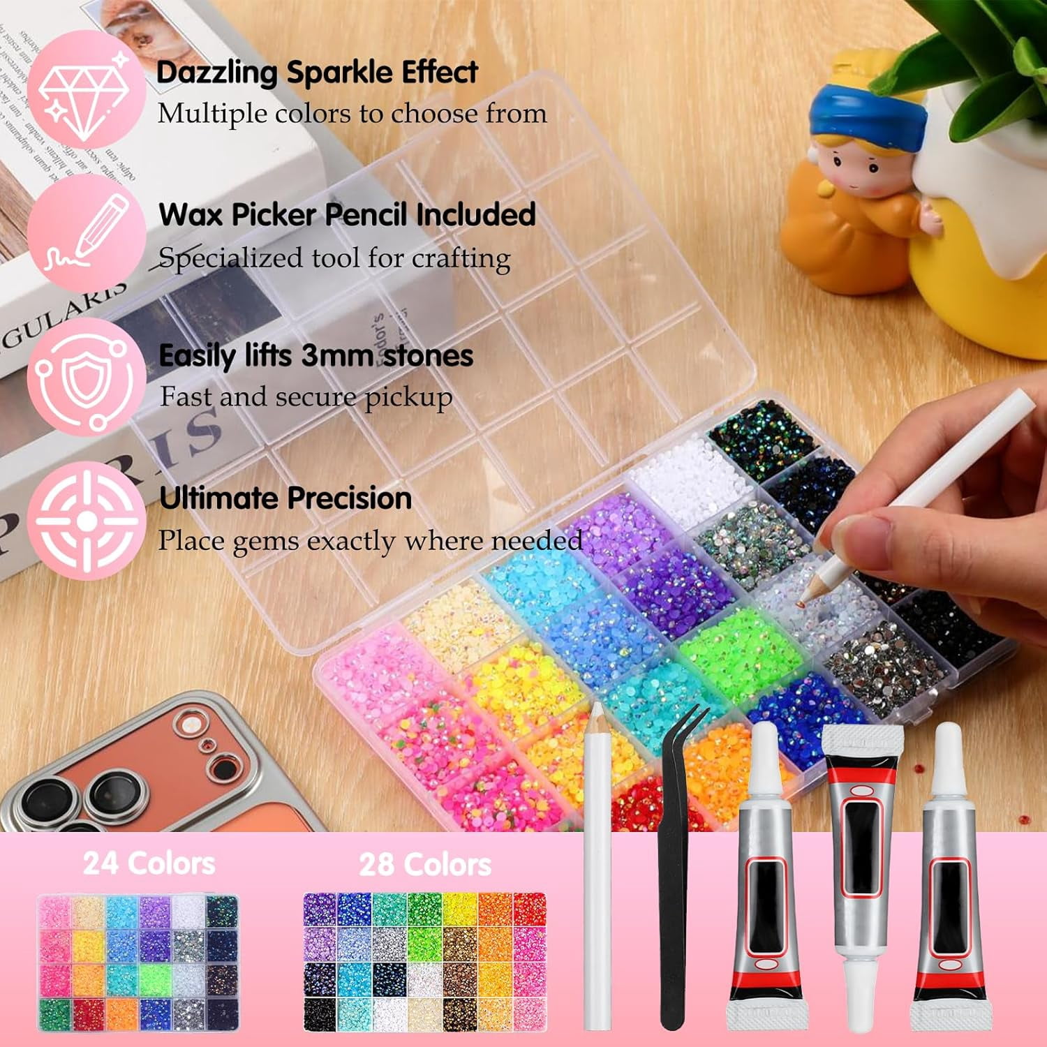 32000pcs Colorful DIY Resin Rhinestone Kit, Resin Jelly Rhinestones for Bedazzling, Multicolor Flatback Gems for Diamond Art 3Pcs Jewelry Glue for Bedazzled Nail Art