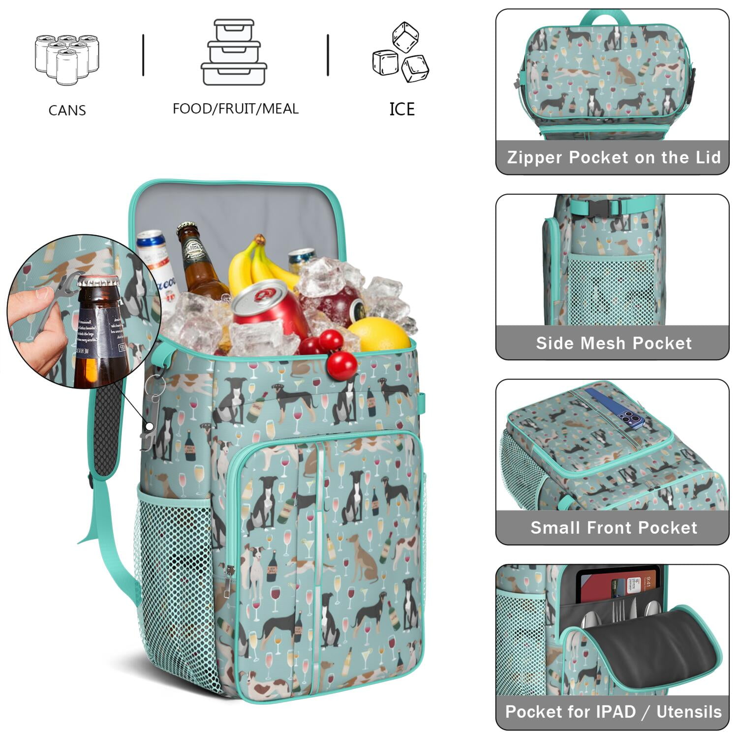 Travel Cooler Bag - Dogs with Wine and Glasses Camping Beer Cooler Backpack with Bottle Opener- Waterproof Insulated Picnic Backpacks - Cooler Bag for Beach
