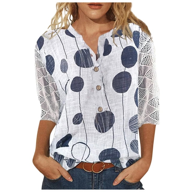 Mujeres Casual Cuello en V Botón Hallow Out 3/4 Manga Camisas Túnica Floral Impreso Pullover Tops Fridja fjkfkj3934