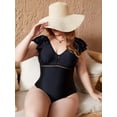 thumbnail image 3 of Charmo Women Ruffled Swimwear V Neck Plus Size Monkini Tie Back Bath Suit Tummy Control Swimsuit, 3 of 6