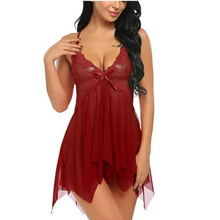 

wendunide pajama set for women Women Lingerie Flower Lace Lingerie Babydoll V Neck Sleepwear Strap Chemise Wine Red M