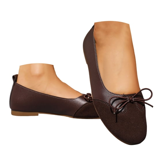 Women's Flat Ballet Shoes Block Color Bow Suede Round Toe Slip on Casual Fashion Lightweight Business Work Dress Shoes Brown Size 7.5
