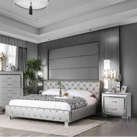 Contemporary Silver Solid Wood Queen Bedroom Set 3pcs FOA CM7056SV-Q Juilliard