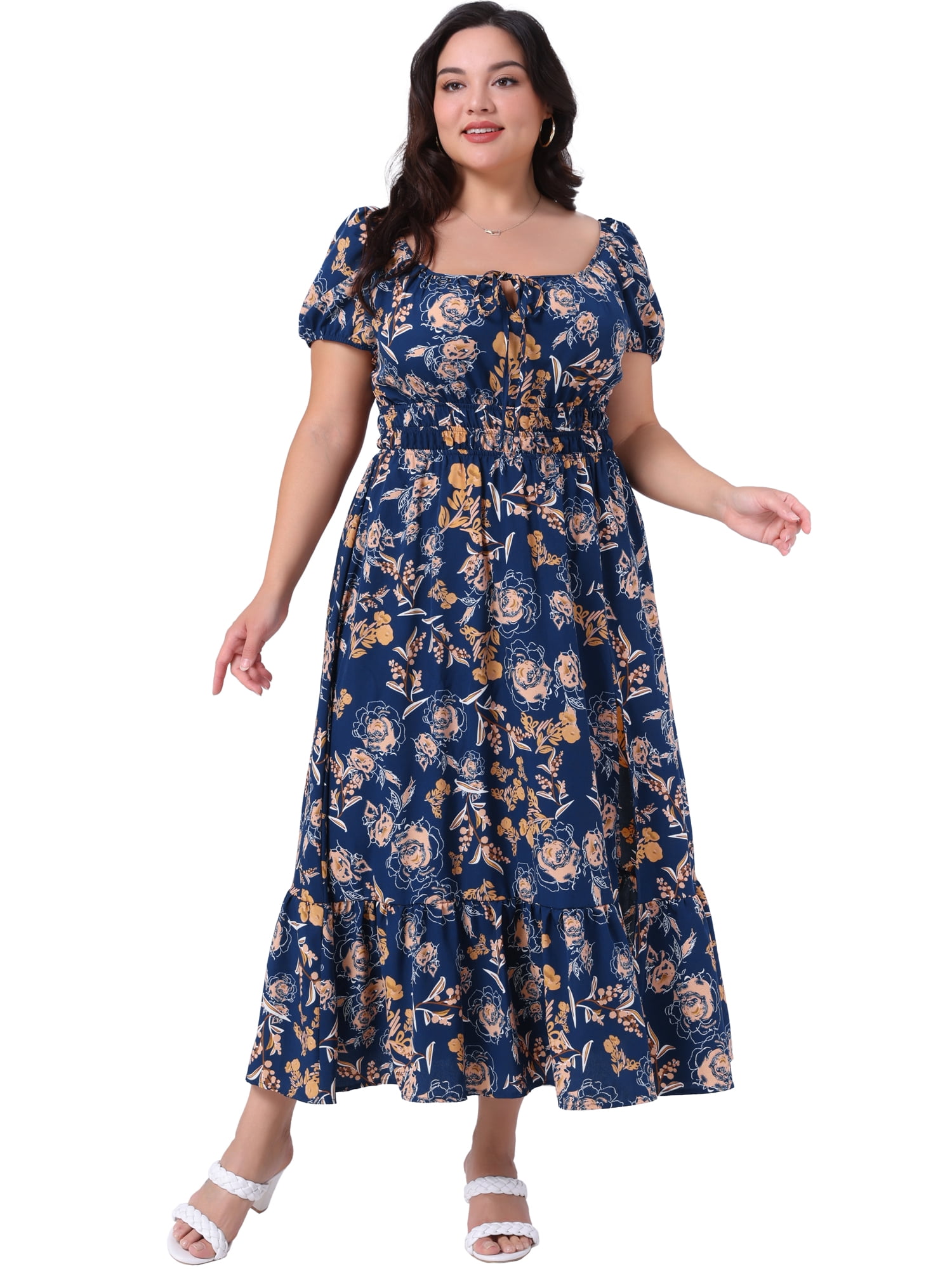 DARING DIVA Plus Size Square Neck Floral Print Short Sleeves Dress 3X Navy Blue