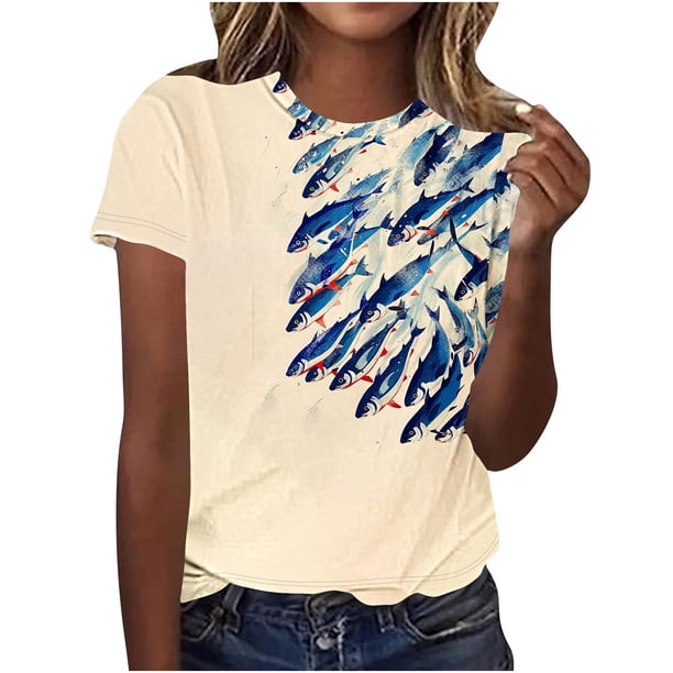 Tops de Ajuste Suelto para las Mujeres Nueva Manga Corta Cuello Redondo Suéter Caballo Casual Impreso Camiseta, Ligero Top de Verano