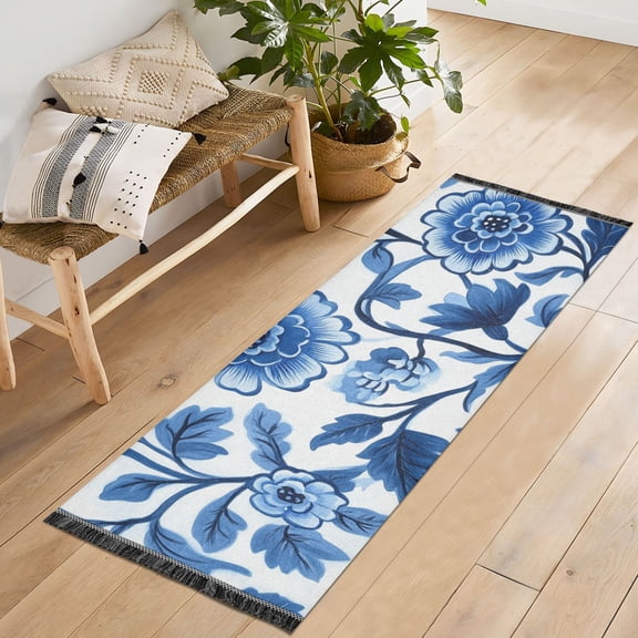 Yayeee Runner Rug for Bedroom 2'x6' Machine Washable Hallway Non Slip Mat, Blue Floral Pattern