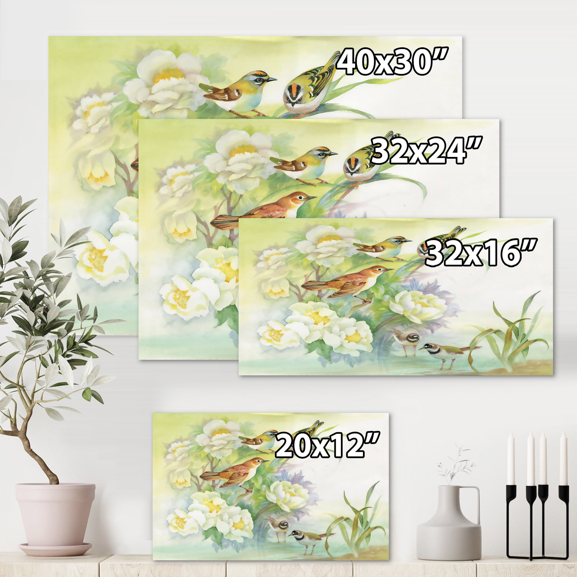 Designart ' Birds and Flowers In Rustic Scenery ' Traditional Canvas Wall Art Print