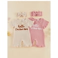 thumbnail image 3 of BemeyourBBs Preemie Baby Girl Summer Clothes Baby Girl Newborn Hospital Going Home Outfits Waffled Romper I'm New Here Letter Bow Embroidery Short Sleeve Jumpsuit and Headband Set, 3 of 9