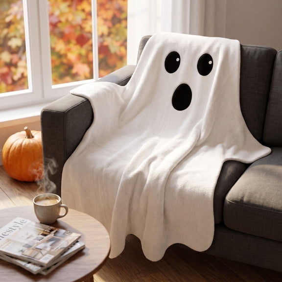 Cute Ghost Shaped Flannel Throw Blanket, Soft Halloween Ghost Fleece Blanket, Spooky Plush Throw, Cozy Blanket for Sofa Bed Couch Home Halloween Decor