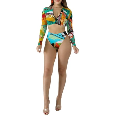 HUJUKULUDUSU Women Two Piece Split Bikini Suits Zipper Open Top and High Waist Thong