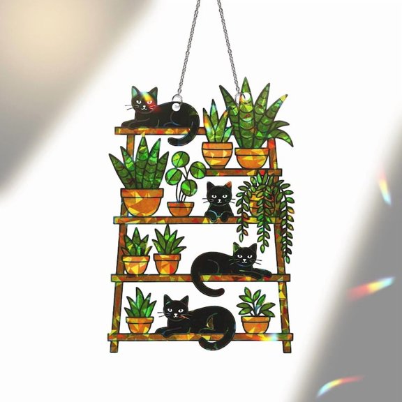 ViciArt Black Cat & Plant Shelf Acrylic Window Hanging – 4" Holographic Cat Lover Suncatcher Decor