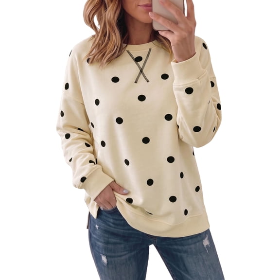 Fabrcox Womens Crew Necks Sweatshirts Polka Dot Oversized Graphic Sweatshirt for Women Long Sleeve Vacation Lounge Soft Y2k Trendy Fall Sweatshirts for Women Pullover Beige XL