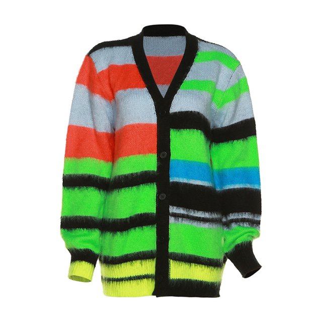 Cárdigan de manga larga con rayas de colores contrastantes para mujer, moda de verano europea y americana, fotografía callejera, blusa informal holgada y esponjosa
