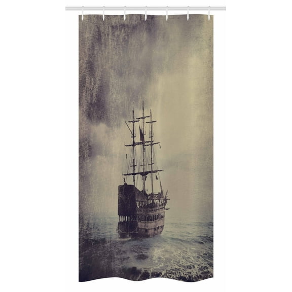Nautical Stall Shower Curtain, Old Pirate Ship in the Sea Historical Legend Cruise Retro Voyage Grunge Style, Fabric Bathroom Set with Hooks, 36W X 72L Inches Long, Pale Brown, by Ambesonne