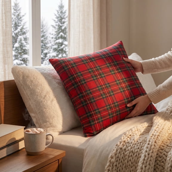 Christmas Tartan Plaid Throw Pillow, Holiday Decor Cushion for Sofa, Couch, Bed, Living Room, Bedroom, Porch, Office and Festive Fall Winter Home Decoration, Red