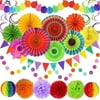 Mexican Party Decorations, Fiesta Party Supplies Hanging Paper Fans Pom Poms Flowers Swirls Garlands String Polka Dot and Triangle Bunting Flags for Birthday Parties Rainbow Party