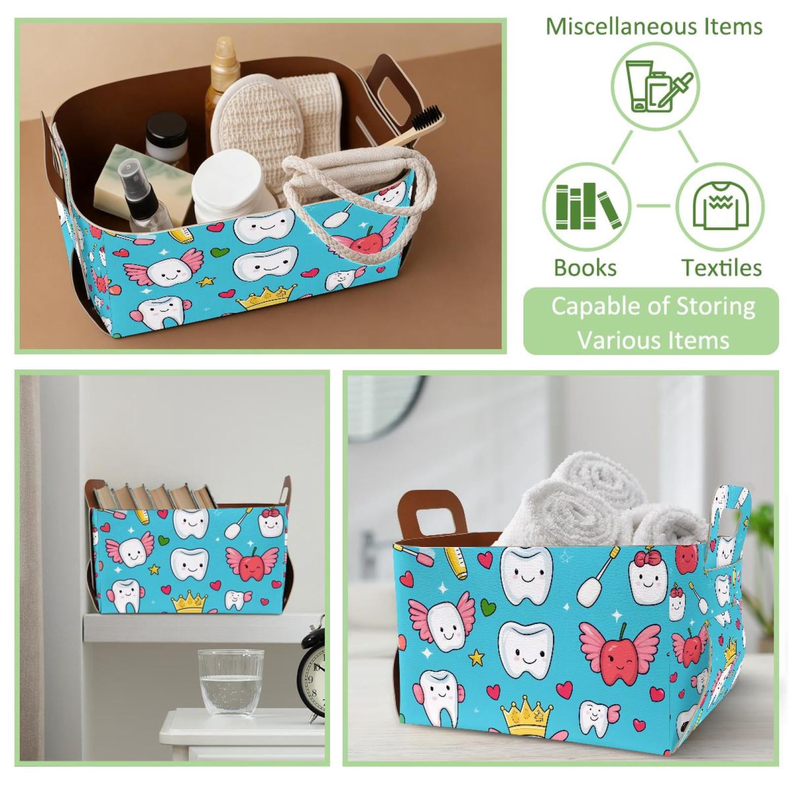 Wing Tooth Storage Basket Collapsible Storage Bin, PU Foldable Basket Convenient Box Storage Organizer with Handles for Shelves Office Bedroom Closet Nursery Toys Laundry
