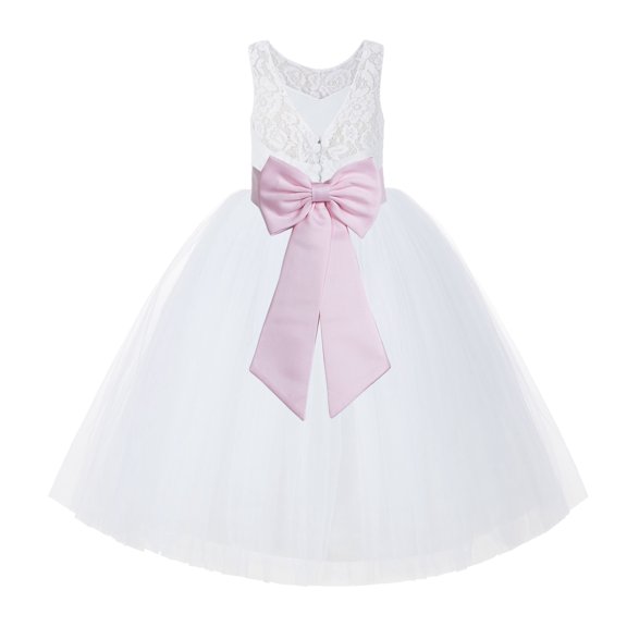Ekidsbridal Girl Bridal Flower Girl Dress - V-Back White Lace Tutu with Tiebow 212noFT-A (Size: 2-10)