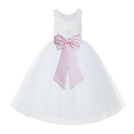 

White Lace Back Tutu Tulle Flower Girl Dress Communion Baptism 212noFT