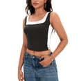 thumbnail image 4 of ATHLECHIC Camiseta sin mangas de cuello cuadrado para mujer, top corto de verano con bloques de color, XS, negro, 4 of 5