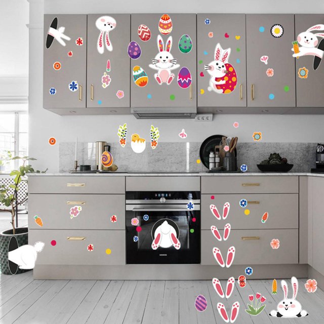 4 hojas de pegatinas de feliz Pascua, calcomanías de conejo, zanahoria, huevos, manualidades, murales decorativos, pegatinas de ventana para el hogar, Fernando Pegatinas de Pascua