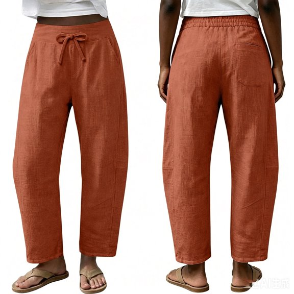 Barrel Linen Pants Women Boho Palazzo Cotton Drawstring Capris Plus Size Summer Beach Vacation Casual Baggy Trousers 2XL