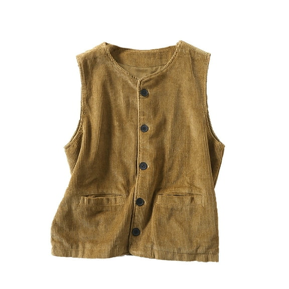 Womens Corduroy Vest Summer Sleeveless Tank Tops Casual Loose Fit Crew Neck Button Down with Pockets