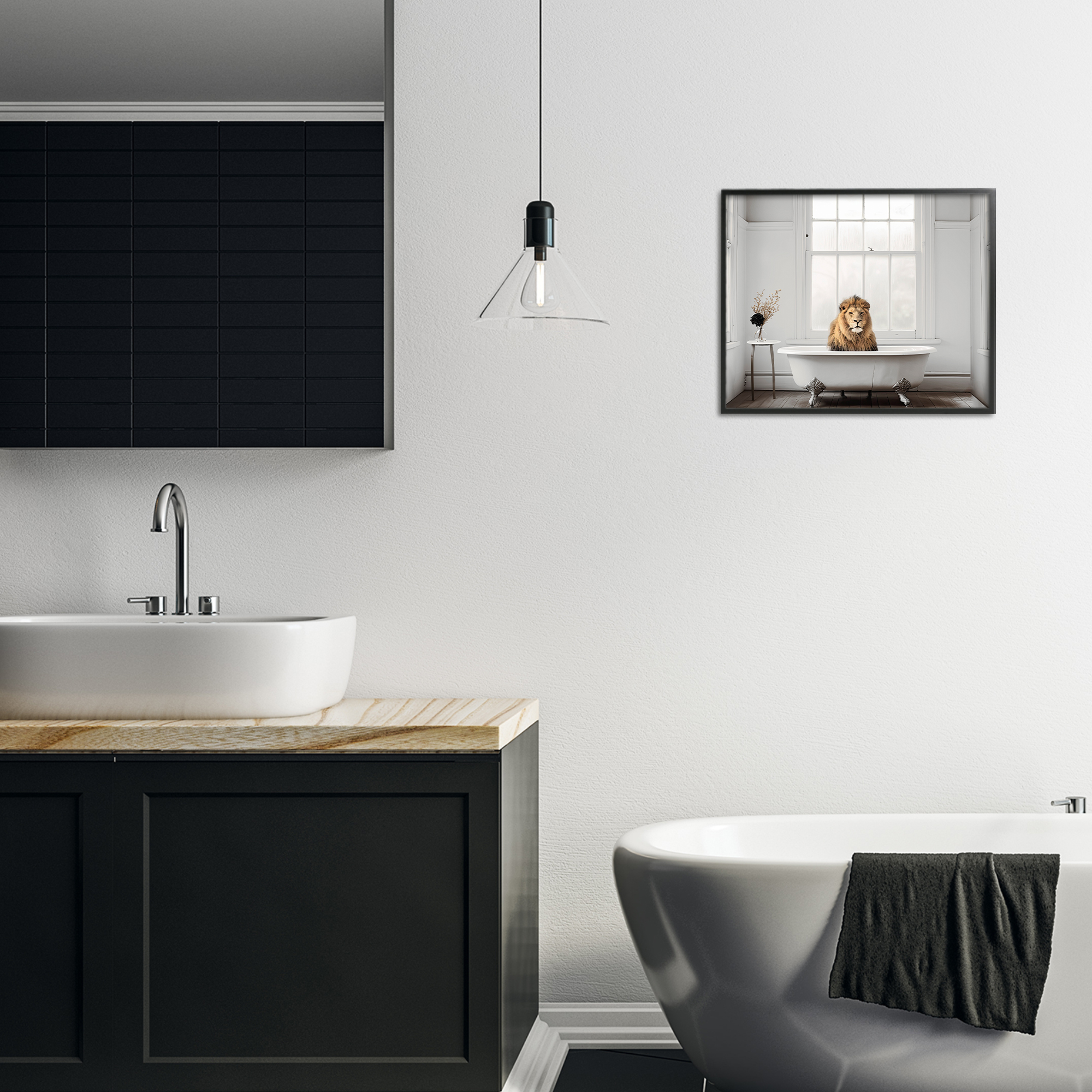 Minimalist Lion Bathtime Black Framed Giclee Art, design by Sasha
