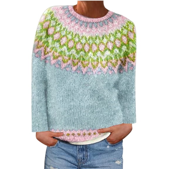 QTBIUQ Sweater Womens Casual Printed Pullover Long Sleeve Round NeckOuterwear Coats Sweaters Light Blue
