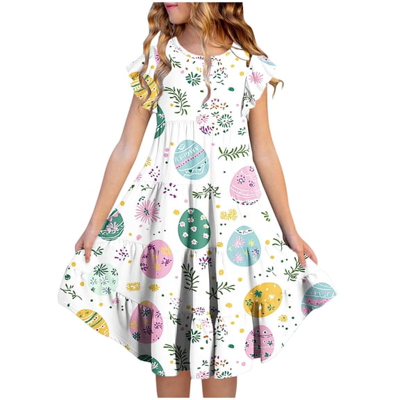 Cowsor Big Girls Short Sleeve Round Neck Ruffle Cap Sleeve Dress Easter Print Waist Cinched Design with Pockets Layered Summer Outfit for 4 to 15 Years Old Holiday
