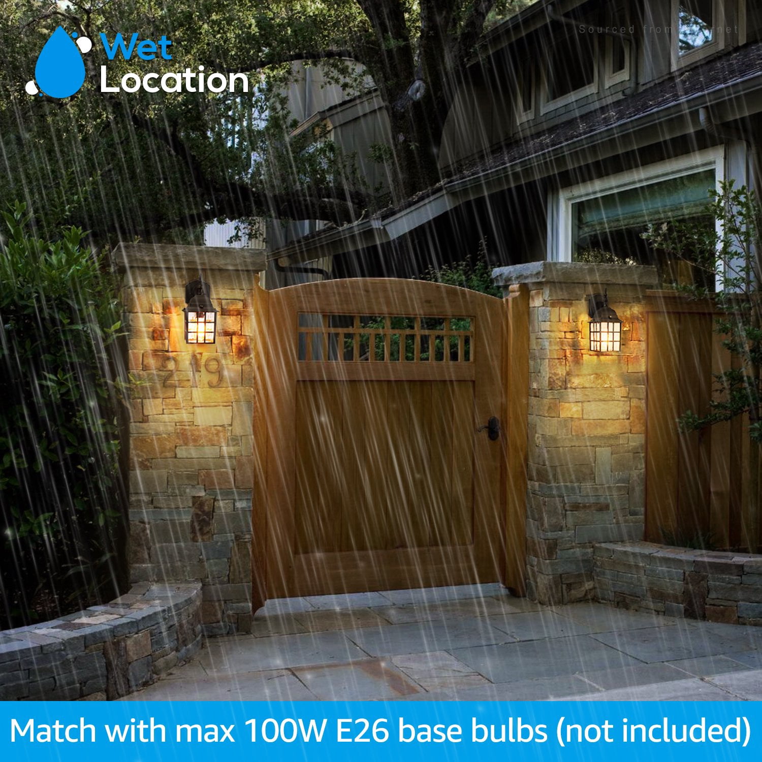 LEONLITE Outdoor Dusk to Dawn Wall Lantern, Photocell Included, UL Listed, Water Ripple Glass Exterior Wall Sconce, E26 Base Bulb Compatible, Wet Location Porch Light, Black, Pack of 2