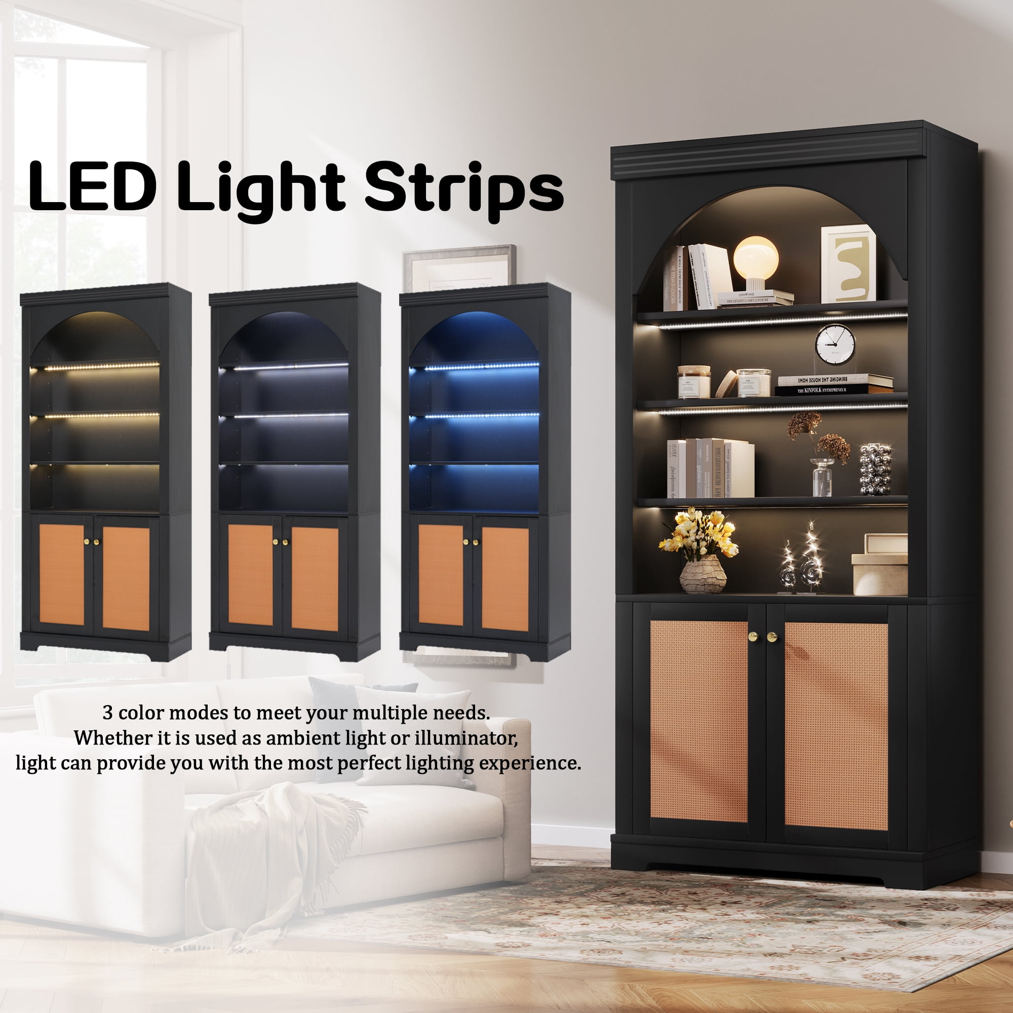 71" Tall Bookshelf Suite with 4-layer LED Lightings, Bookcase with Open Adjustable Shelves
