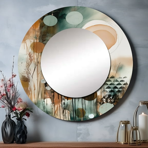 Designart "Artistic Liberation Green And Brown I" Boho Feather Rund Mirror For Wall Decor - Large Green Round Printed Mirror -Traditional Round Living Room Mirror - 23" x 23"