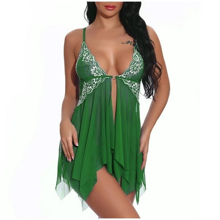 

MRULIC lingerie for women Lingerie for Women Front Closure Babydoll Lace V Neck Mesh Sleepwear Lingerie Green + M