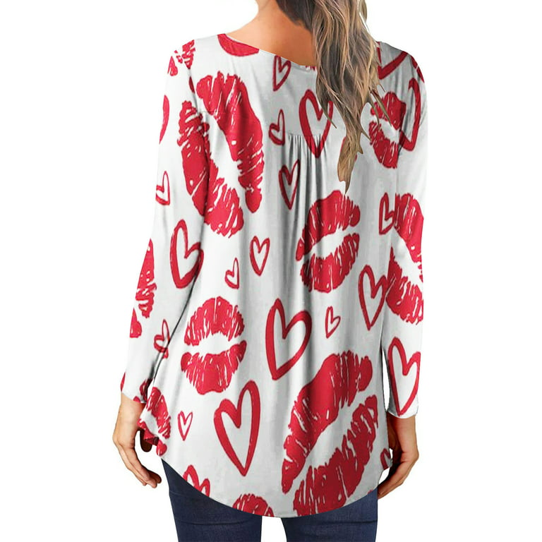 Olyvenn Reduced Tunic Shirts for Women Pleated Blouse Tops Long Sleeve Love  Heart Print Lips Print Button Henley Neck Valentine's Day Fashion Ladies  Loose Casual Female Leisure Red 10 