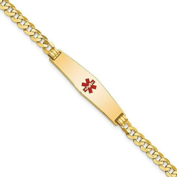 Primal Gold 14 Karat Yellow Gold Medical Soft Diamond Shape Red Enamel Flat Curb Link ID Bracelet