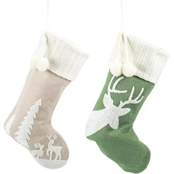 Transpac Reindeer Tan and Green Polyester Christmas Knit Stocking Set of 2