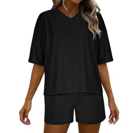 Stamzod Womens Summer Outfits 2 Piece Short Sets Casual Ribbed Knit Shirts Shorts Matching Lounge Set Casual Sweatsuit Black L