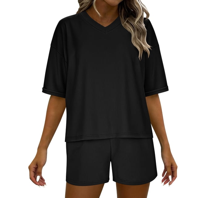 Timegard 2 Piece Sets for Women Summer Short Sleeve V Neck Tops Shorts Casual Loose Oversized Ribbed Knit Outfits