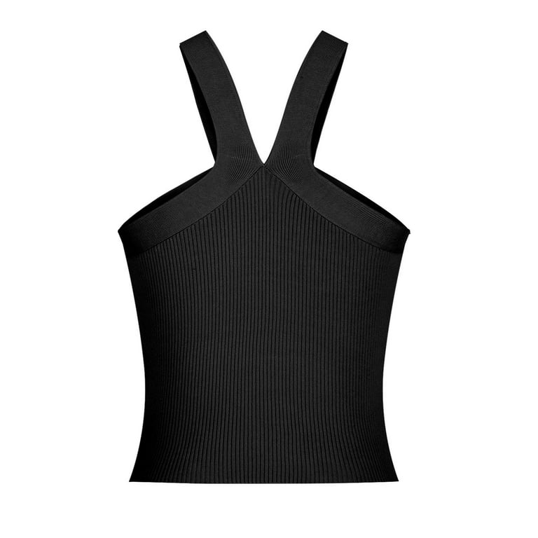 RQYYD Women's Summer Criss Cross Cut Out Halter Crop Top Sleeveless  Backless Ruched Ribbed Crop Cami(Black,S)
