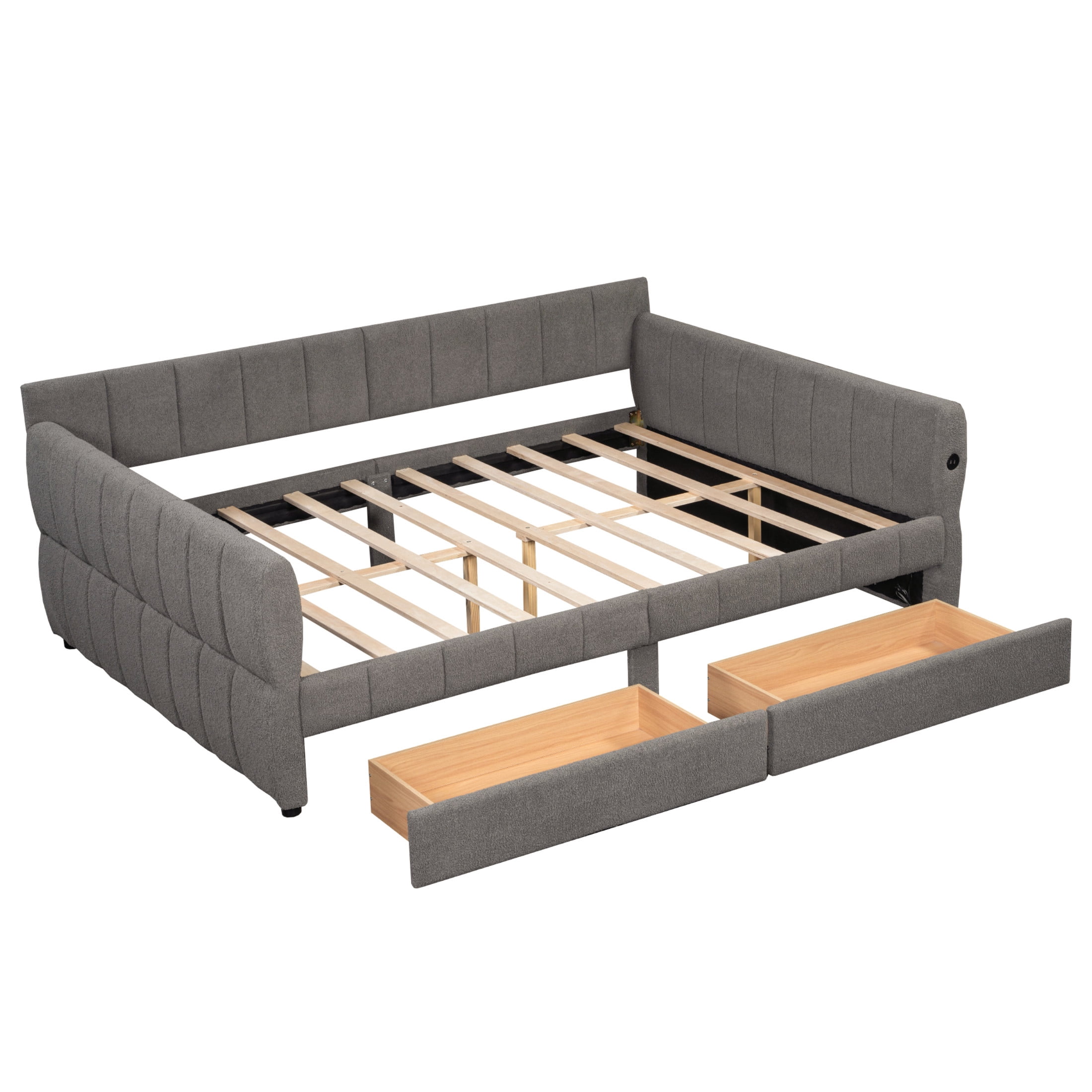 Noble House Alver Queen Upholstered Platform Bed, Luxurious Lambswool Frame with USB Ports and 2 Drawers, Gray