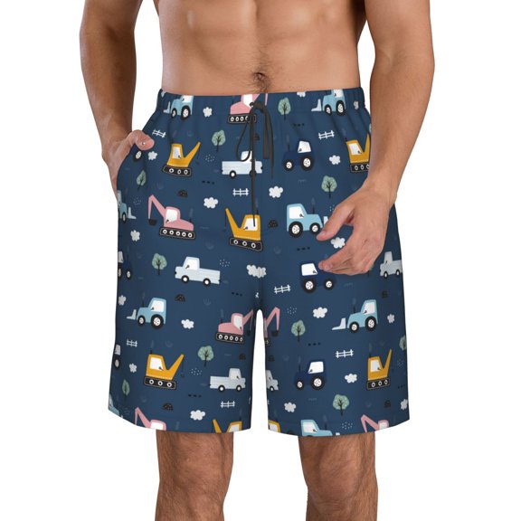 Honeii's Modern Modern Excavator Print Men's Casual Shorts with Drawstring,Swim Trunks Quick Dry Beach Shorts